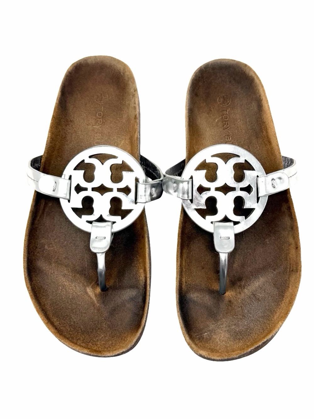 Tory Burch Miller Cloud Silver Metallic Sandals Size 9.5 Cork Sole Comfort